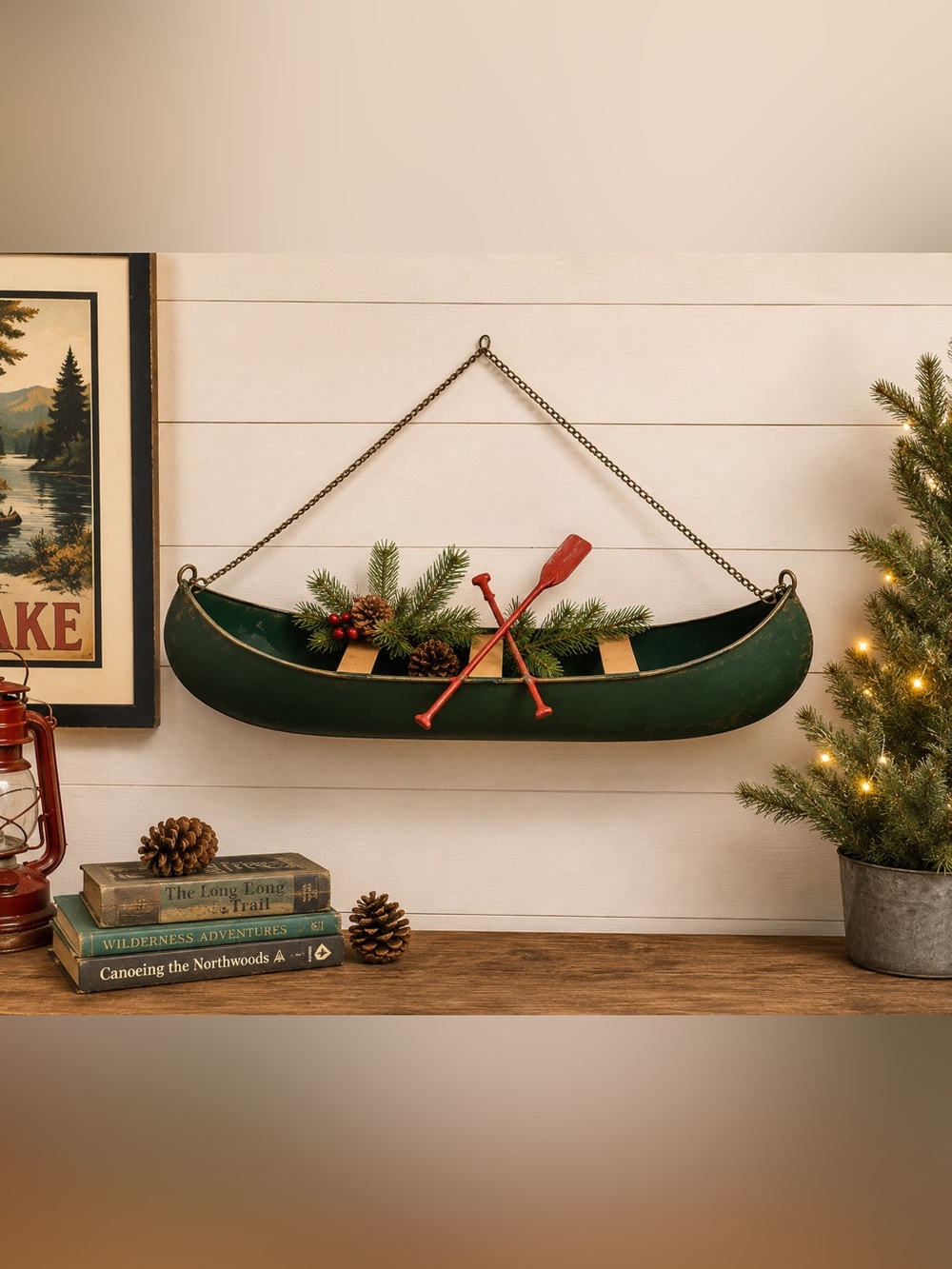 Green Canoe Wall Décor with Red Oars - Holiday Home Accent